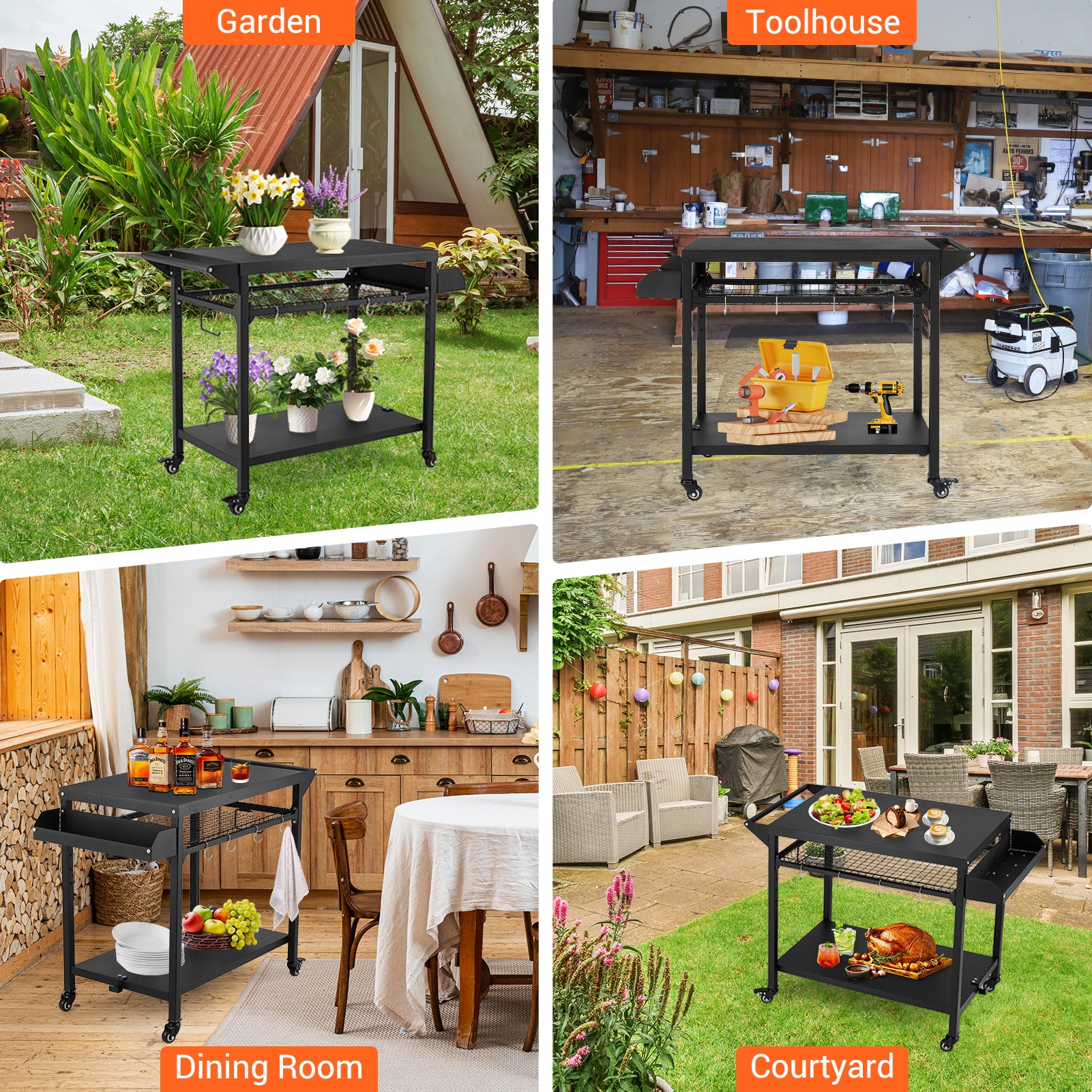 Garvee Outdoor Grill Cart, Pizza Oven Stand Table with Mesh Racks Dining Cart Table for Outside Patio, Movable Kitchen Cooking Prep Table BBQ Cart with Wheels for Home Party, Bar, Camping, Black