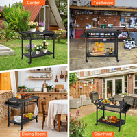 Garvee Outdoor Grill Cart, Pizza Oven Stand Table with Mesh Racks Dining Cart Table for Outside Patio, Movable Kitchen Cooking Prep Table BBQ Cart with Wheels for Home Party, Bar, Camping, Black