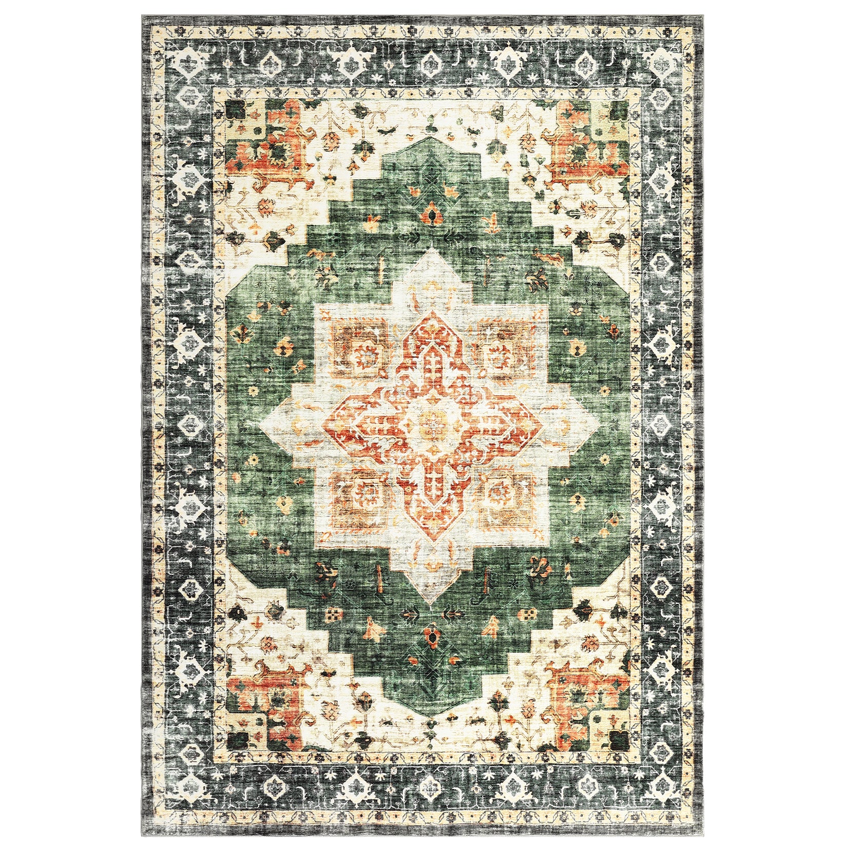 Garvee Area Rug 4x6 Washable Soft Rug Vintage Distressed Rug Ultra-Thin Throw Rug Non Slip Living Room Rug Indoor Floor Cover for Dining Room Bedroom, Green