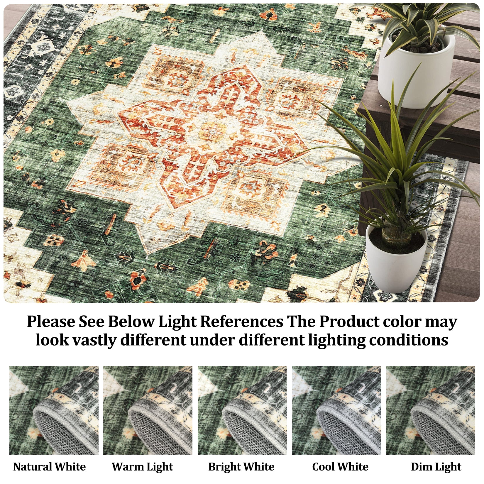 Garvee Area Rug 4x6 Washable Soft Rug Vintage Distressed Rug Ultra-Thin Throw Rug Non Slip Living Room Rug Indoor Floor Cover for Dining Room Bedroom, Green