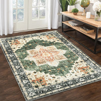 Garvee Area Rug 4x6 Washable Soft Rug Vintage Distressed Rug Ultra-Thin Throw Rug Non Slip Living Room Rug Indoor Floor Cover for Dining Room Bedroom, Green