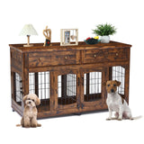 Garvee Dog Crate Furniture with 5 Doors, 58" Wooden Dog Kennel Cage End Table with Large Capacity Drawers, Dog House with Openable Divider for Dogs(Brown) - Brown