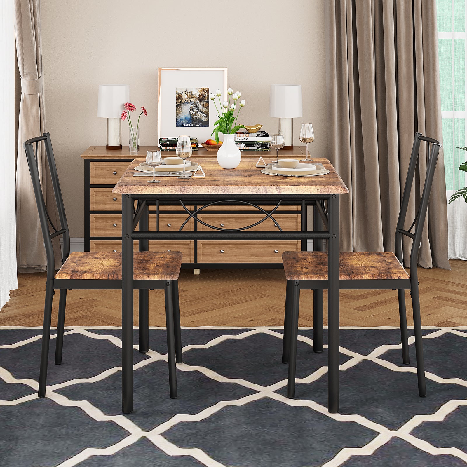 Garvee Dining Table Set for 2, Kitchen Table and Chairs, Square Kitchen Brown Table Set with 2 Brown Chairs, 3 Piece Dining Room Table Set for Small Space, Apartment, Studios