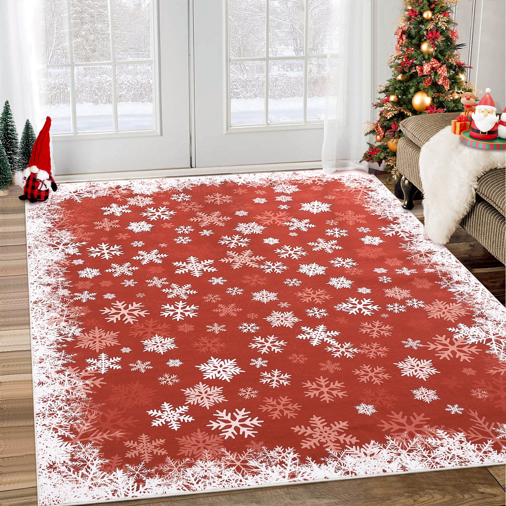 Garvee Christmas Rug 3x5 Area Rug Snowflake Decor Non-Slip Low Pile Soft Machine Washable Red for Living Room Dining Room Entryway