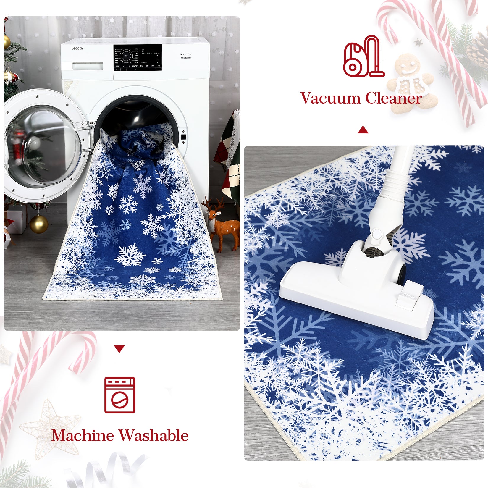 Garvee Christmas Area Rug 2x10 Snowflake Print Non-Slip Ultra Thin Stain Resistant Machine Washable Blue Living Room Decor