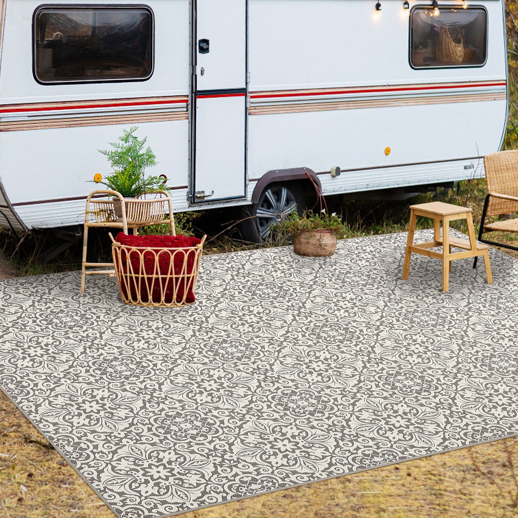 Garvee 8x10 Area Rug Indoor/Outdoor Area Rug Vintage Floral Area Rug Ultra-Thin Non Slip Floor Mat Easy-Cleaning Farmhouse Rug for Living Room Bedroom Backyard Patio Porch Outdoor Rug Grey