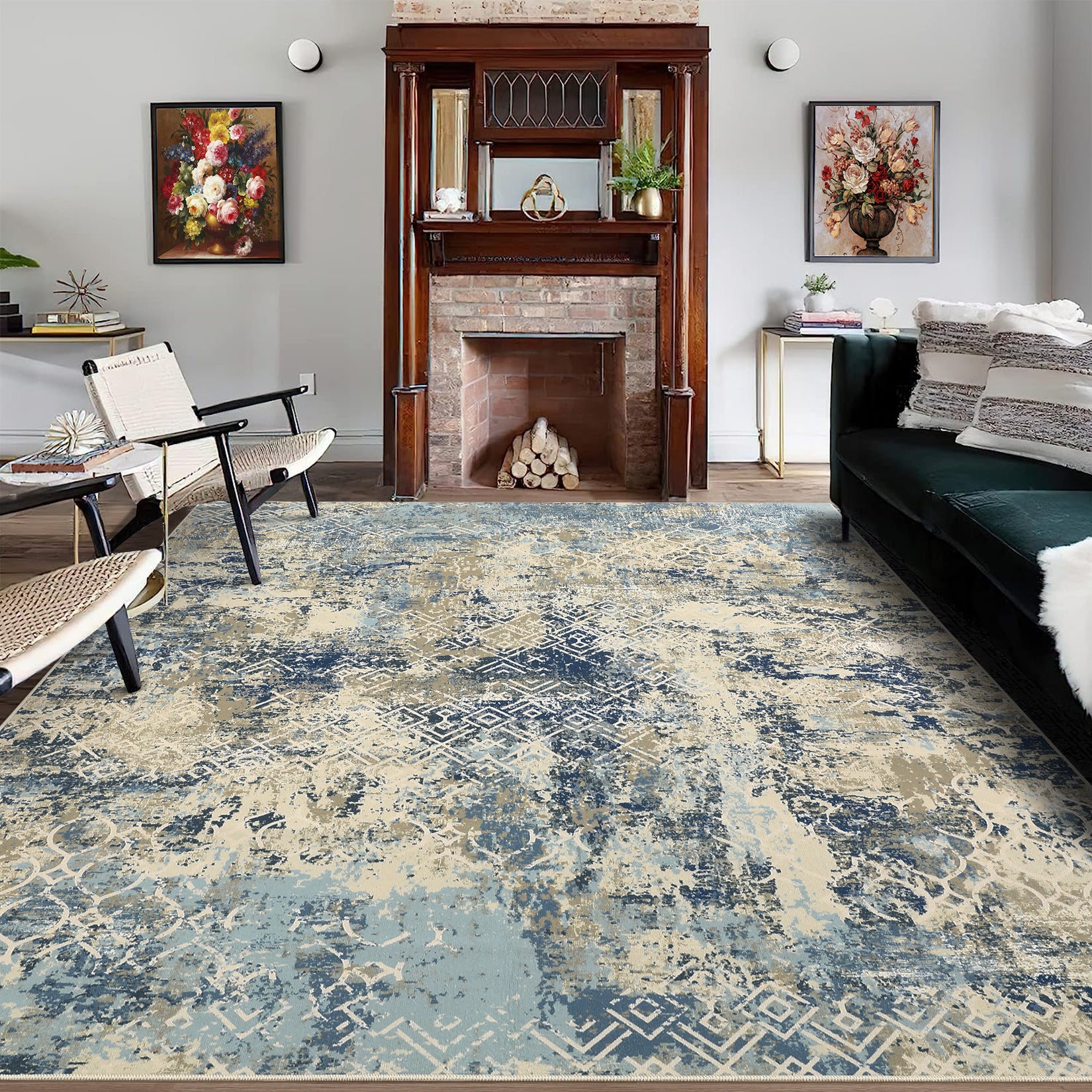 Garvee Large Area Rug 10x13 Abstract Rug Machine Washable Area Rug Non Slip Low Pile Rugs Lightweight Rug for Bedroom Living Room, Cream/Blue