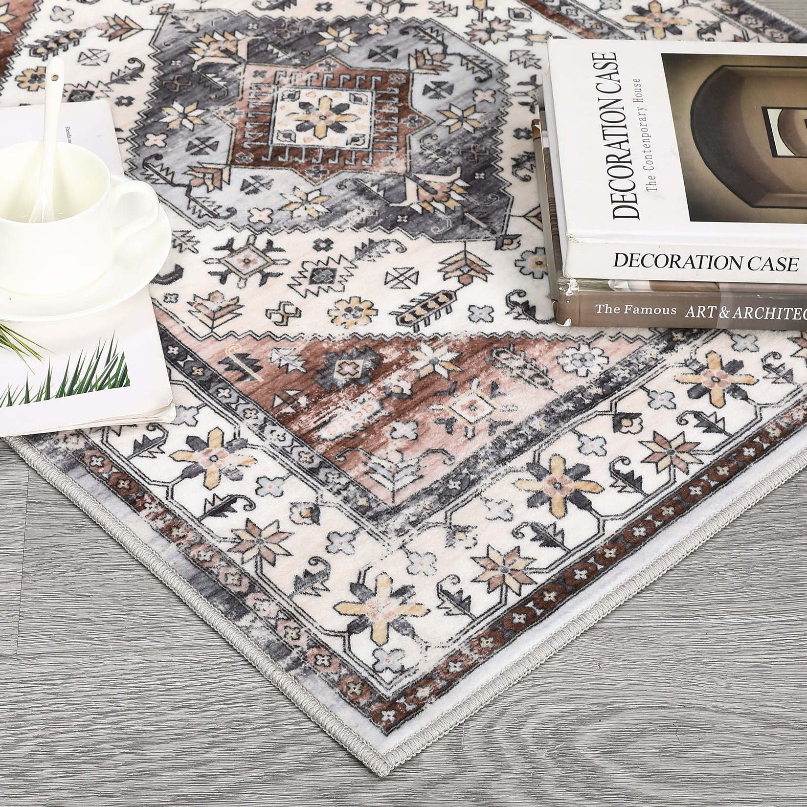 Garvee Rug 5x7 Living Room Rug Washable Rugs for Bedroom Ultra-Soft Indoor Kitchen Rug Vintage Floral Distressed Carpet Non Slip Backing Foldable Thin Rug for Dining Nursery Dorm Office Rust