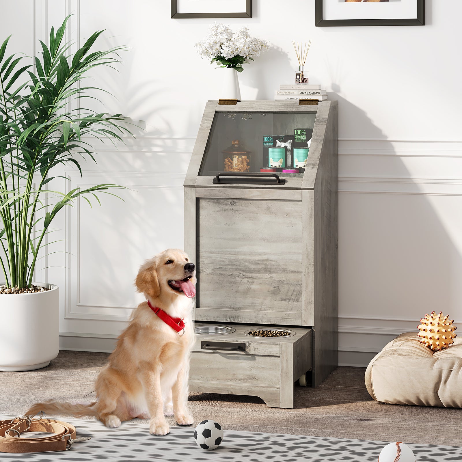 Modern gray pet food cabinet with elevated dog bowls and storage for food and toys.