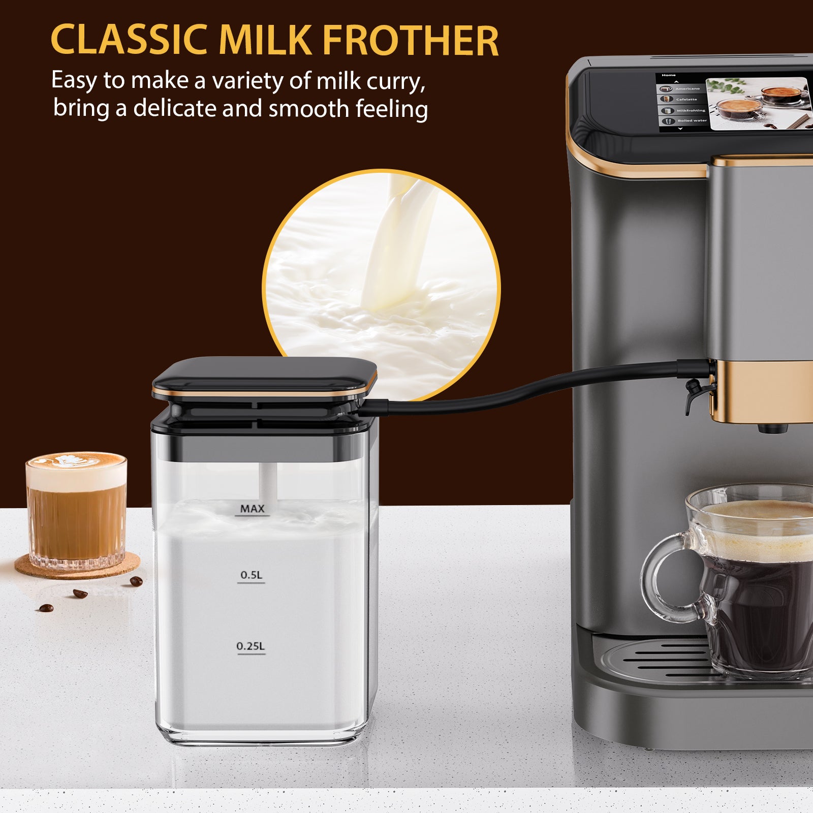 Garvee Best fully automatic espresso machine, Espresso Coffee Machines With Milk Frother Steam Wand, Insulated Milk Container for Cappuccino, Latte, Espresso Maker (20 bar, Gold)