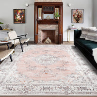 Garvee Washable Rugs 10x13 Rugs for Living Room Vintage Floral Carpet Non-Slip Bedroom Rug Soft Low Pile Indoor Distressed Floor Carpet, Pink