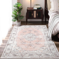 Garvee Washable Rugs 10x13 Rugs for Living Room Vintage Floral Carpet Non-Slip Bedroom Rug Soft Low Pile Indoor Distressed Floor Carpet, Pink