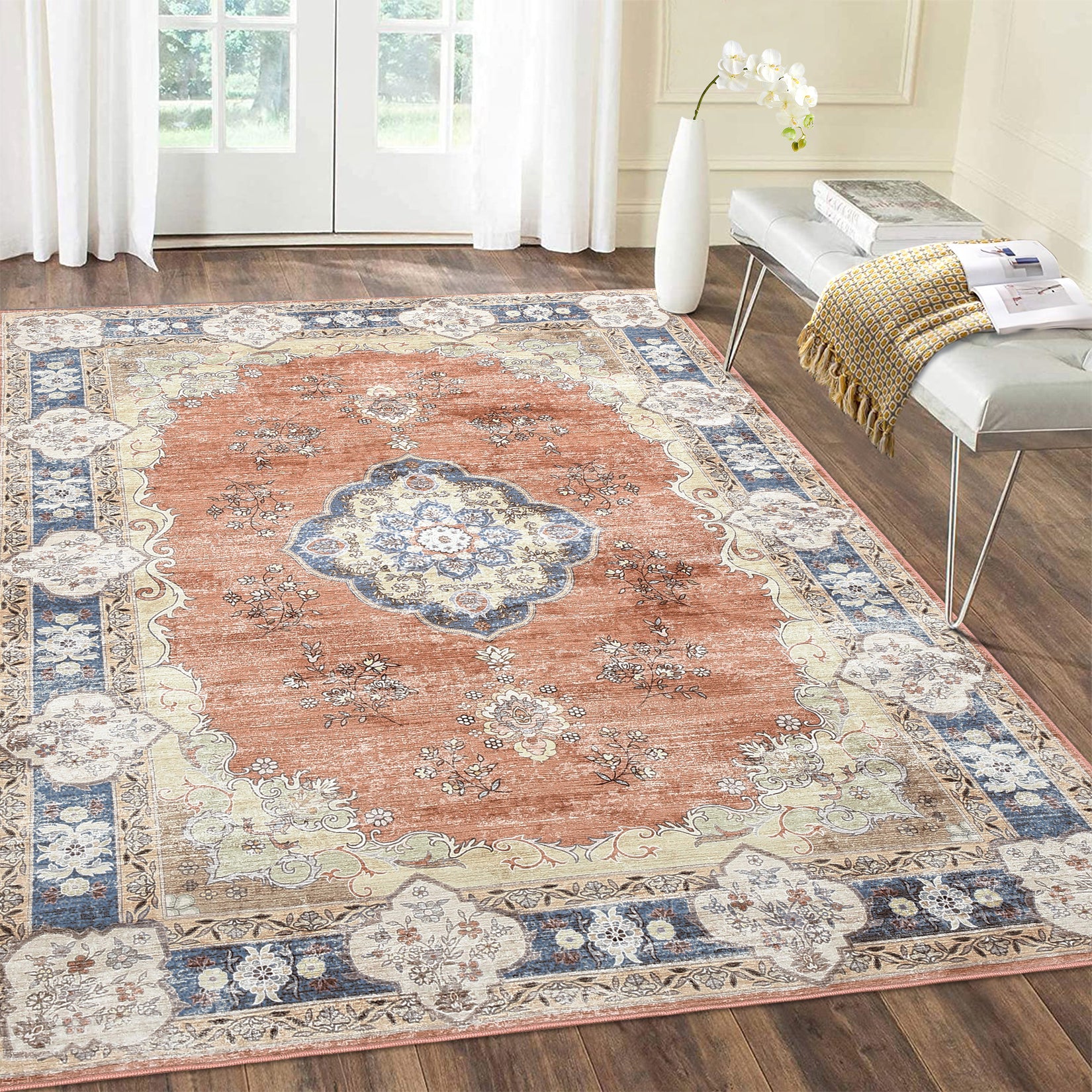 Garvee Large Area Rug 10x13 Washable Rug Vintage Floral Rug Non Slip Low Pile Distressed Rug Stain Resistant Rug Indoor Floor Cover for Living Room Bedroom Office, Orange