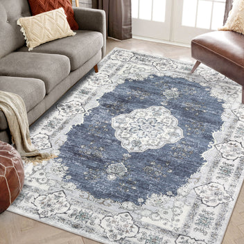 Garvee Washable Rugs 10x13 Rugs for Living Room Vintage Floral Carpet Non-Slip Bedroom Rug Soft Low Pile Indoor Distressed Floor Carpet, Blue