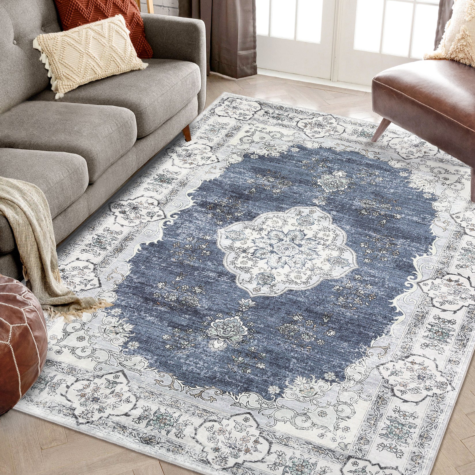 Garvee Washable Rugs 10x13 Rugs for Living Room Vintage Floral Carpet Non-Slip Bedroom Rug Soft Low Pile Indoor Distressed Floor Carpet, Blue