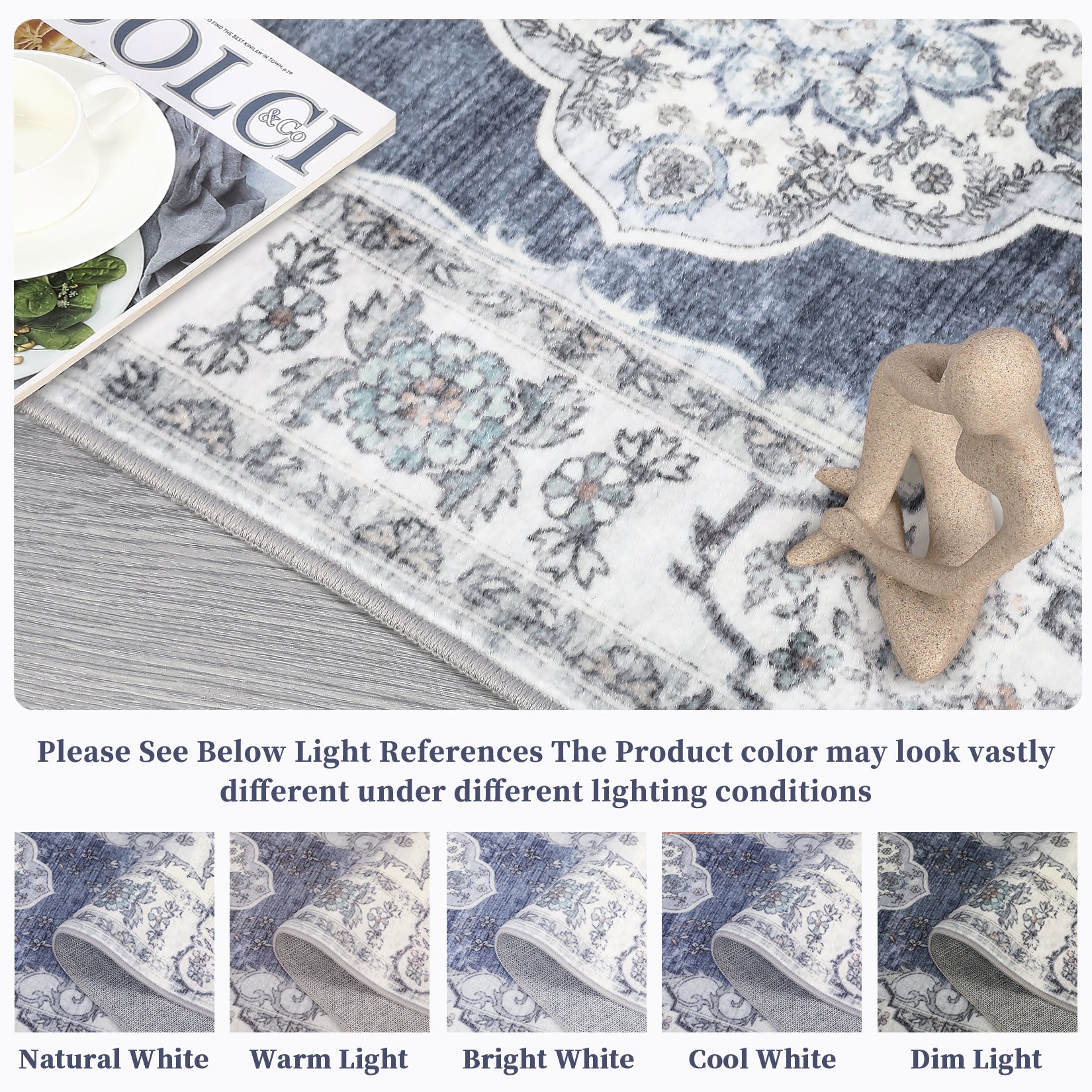 Garvee Washable Rugs 10x13 Rugs for Living Room Vintage Floral Carpet Non-Slip Bedroom Rug Soft Low Pile Indoor Distressed Floor Carpet, Blue