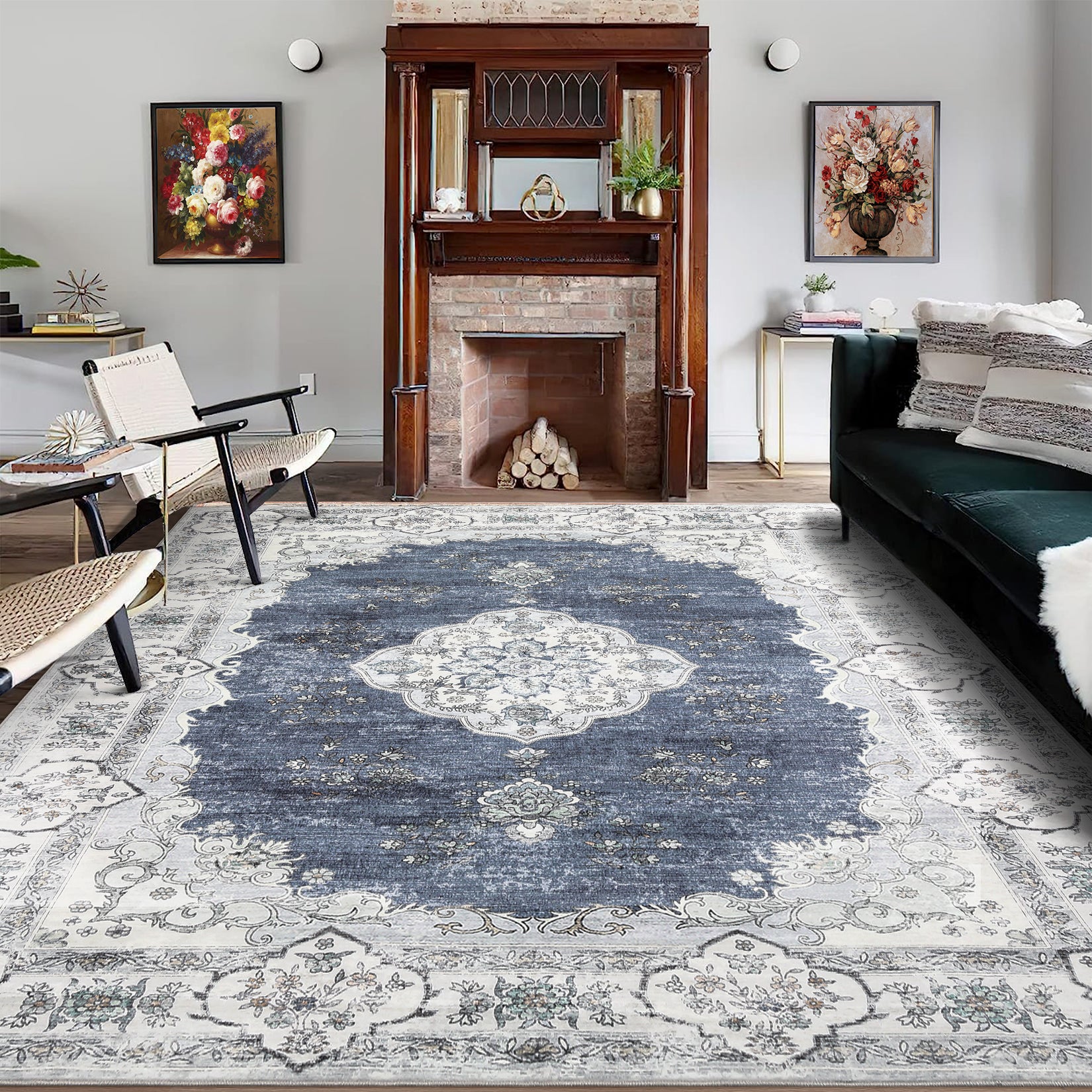 Garvee Washable Rugs 10x13 Rugs for Living Room Vintage Floral Carpet Non-Slip Bedroom Rug Soft Low Pile Indoor Distressed Floor Carpet, Blue