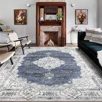 Garvee Washable Rugs 10x13 Rugs for Living Room Vintage Floral Carpet Non-Slip Bedroom Rug Soft Low Pile Indoor Distressed Floor Carpet, Blue