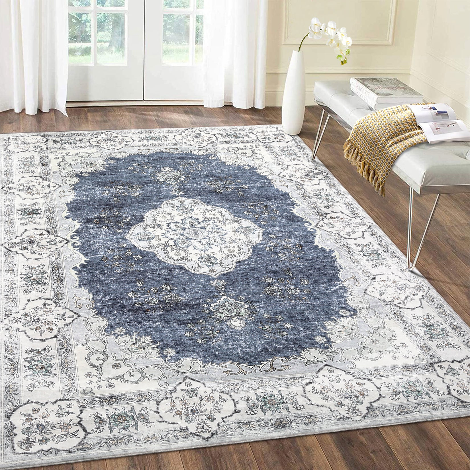 Garvee Washable Rugs 10x13 Rugs for Living Room Vintage Floral Carpet Non-Slip Bedroom Rug Soft Low Pile Indoor Distressed Floor Carpet, Blue