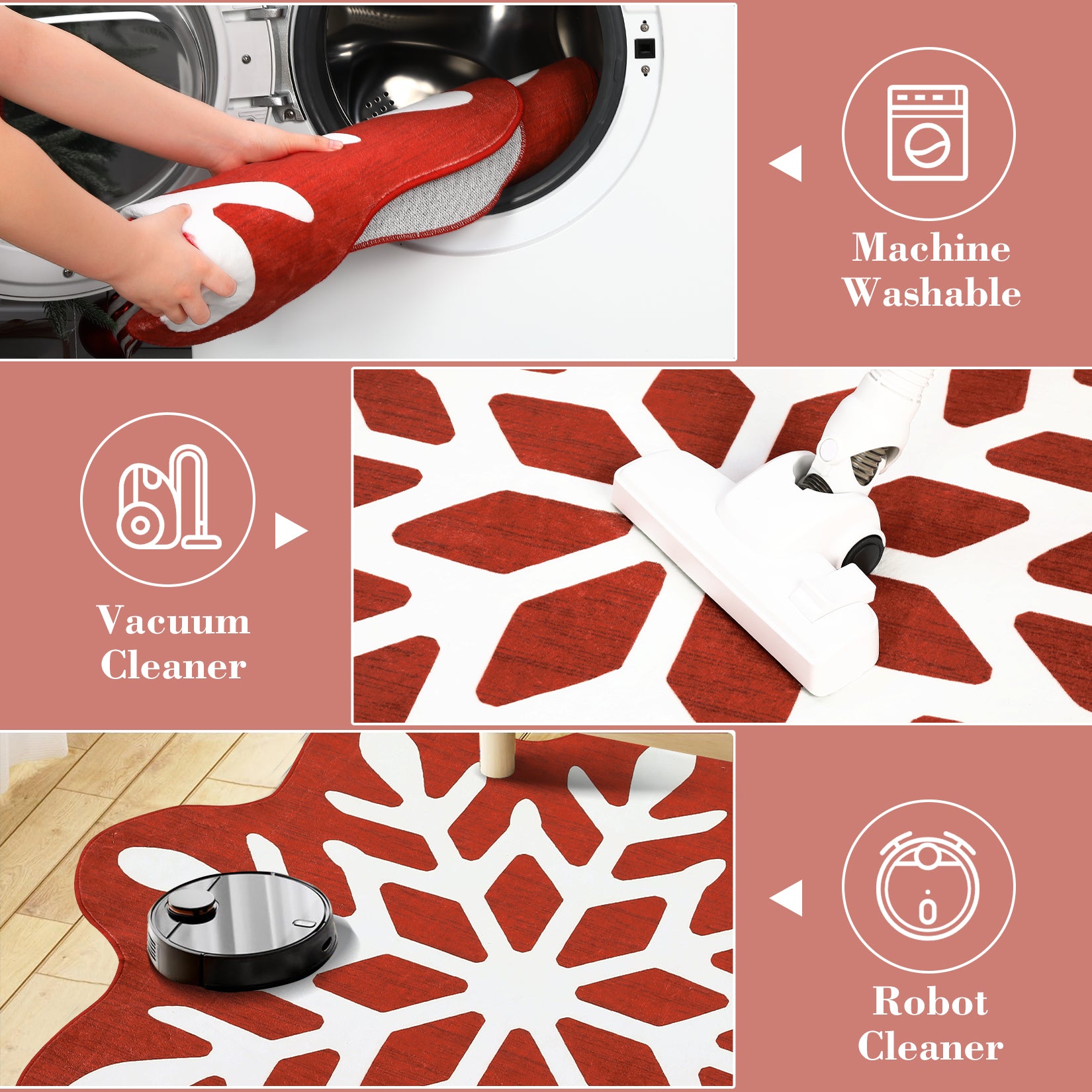 Garvee Christmas Snowflake Area Rug 5x5 Non Slip Decorative Washable Rugs for Living Room, Low Pile Red Foldable Soft Carpet, Holiday Decor Floor Mats for Bedroom, Nursery