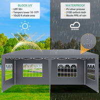 Garvee 10'x20' Outdoor Pop-Up Canopy Tent Waterproof, UV Protection, Adjustable Height, Removable Sidewalls, Easy Assembly for Parties & Events