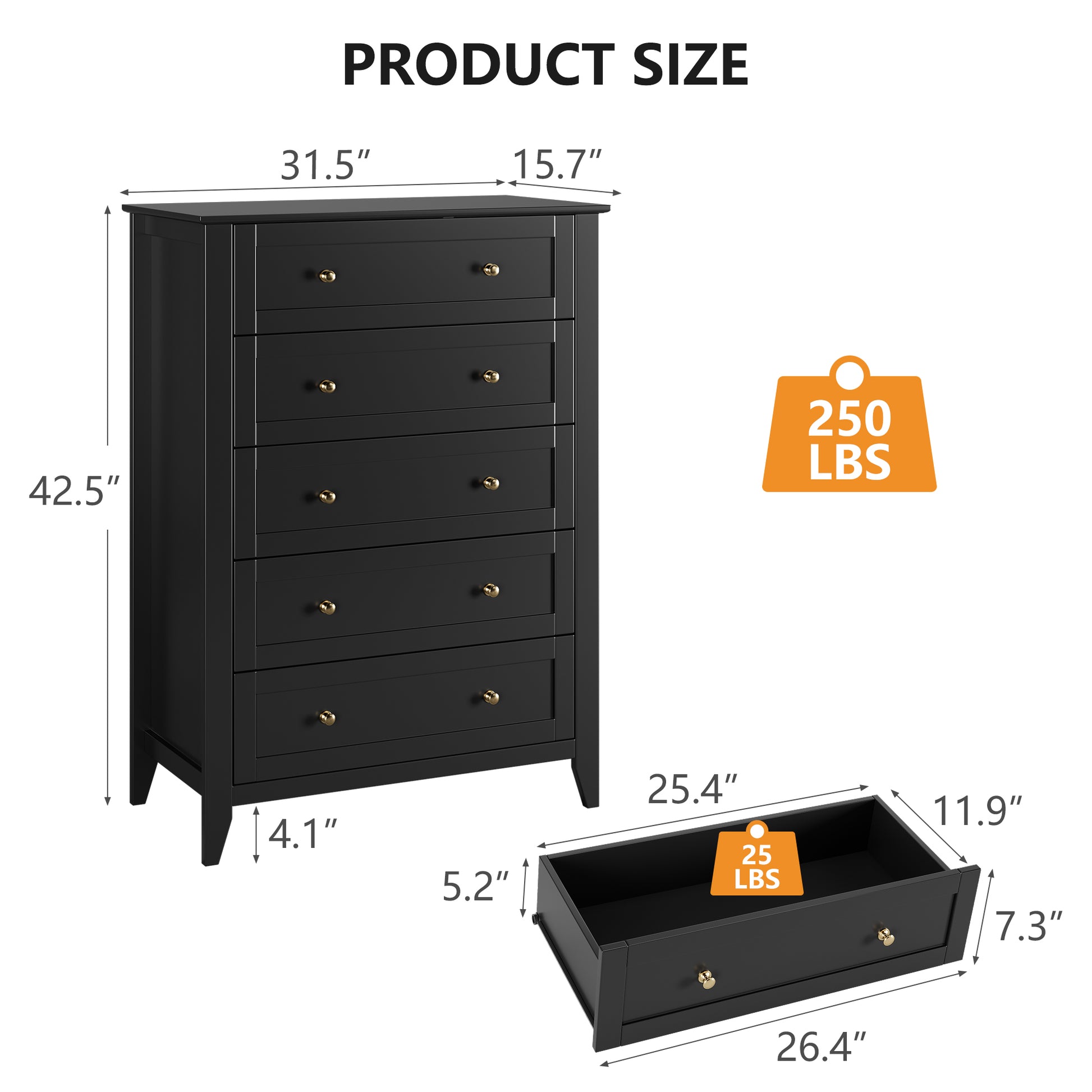 Garvee 5 Drawer Dresser for Bedroom, Wood Dresser with Deep Space & Metal Knobs, Tall Dresser Closet Organizer, Modern Chests of Drawers for Living Room, Entryway, Hallway, Black