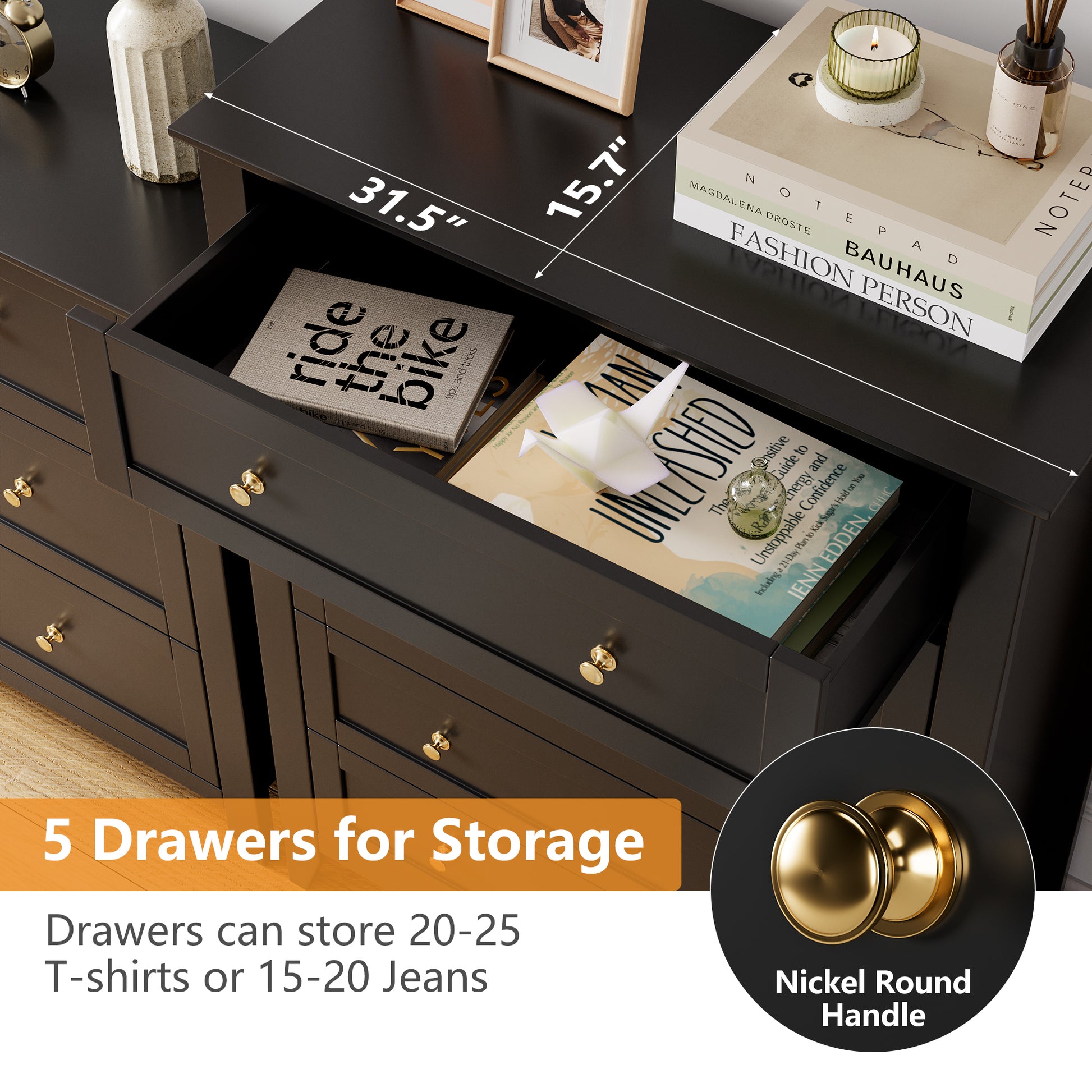Garvee 5 Drawer Dresser for Bedroom, Wood Dresser with Deep Space & Metal Knobs, Tall Dresser Closet Organizer, Modern Chests of Drawers for Living Room, Entryway, Hallway, Black