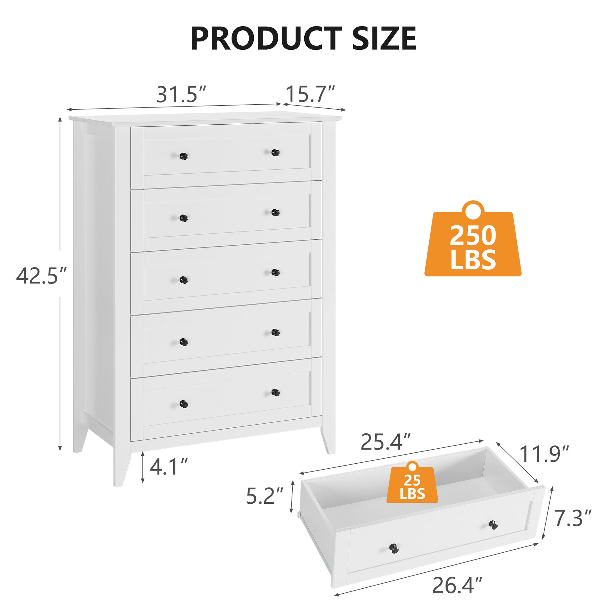 Garvee 5 Drawer Dresser for Bedroom, Wood Dresser with Deep Space & Metal Knobs, Tall Dresser Closet Organizer, Modern Chests of Drawers for Living Room, Entryway, Hallway, White