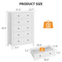 Garvee 5 Drawer Dresser for Bedroom, Wood Dresser with Deep Space & Metal Knobs, Tall Dresser Closet Organizer, Modern Chests of Drawers for Living Room, Entryway, Hallway, White