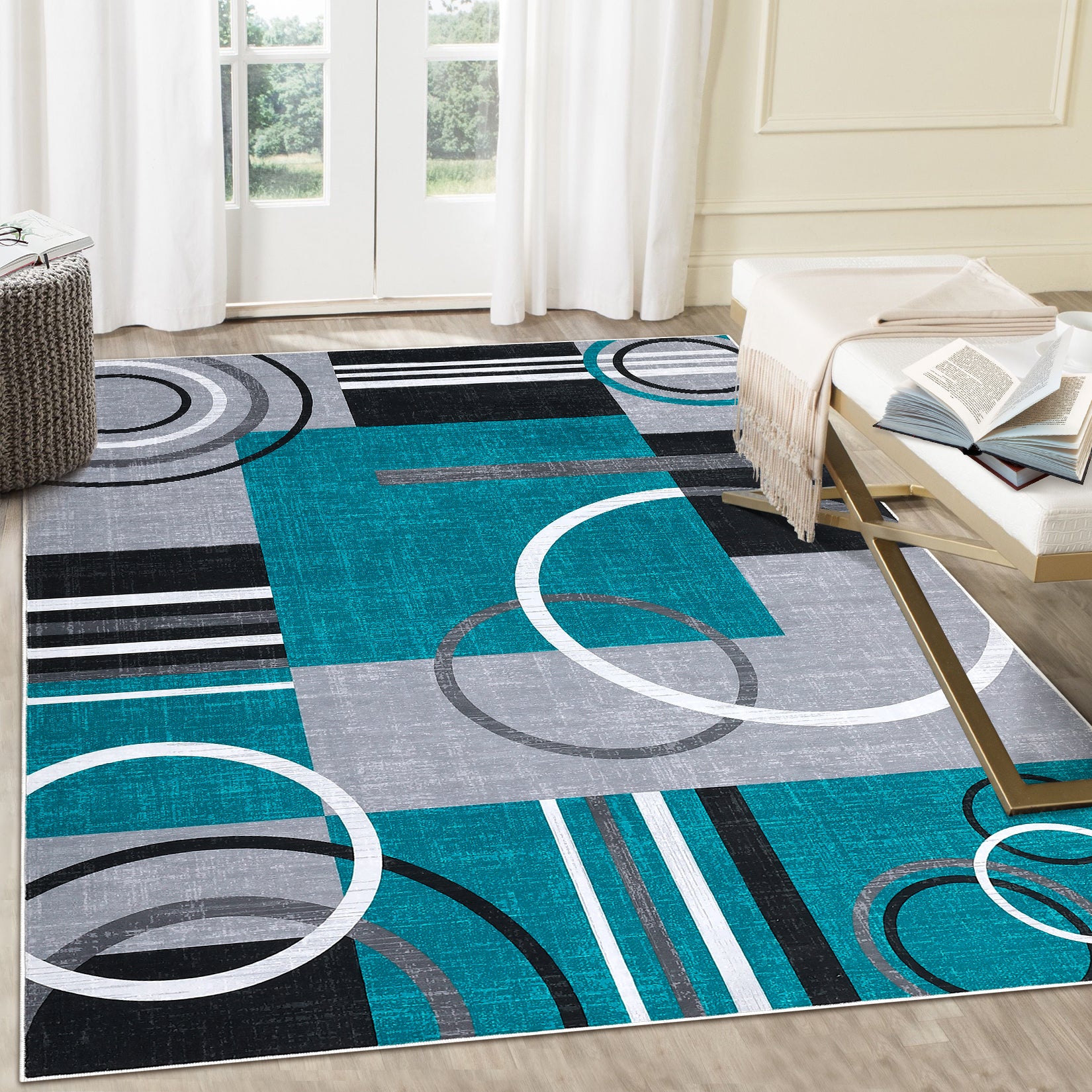 Garvee Modern Turquoise 8x10 Geometric Washable Rug, Non Slip Low Pile Stain Resistant Carpet for Living Room