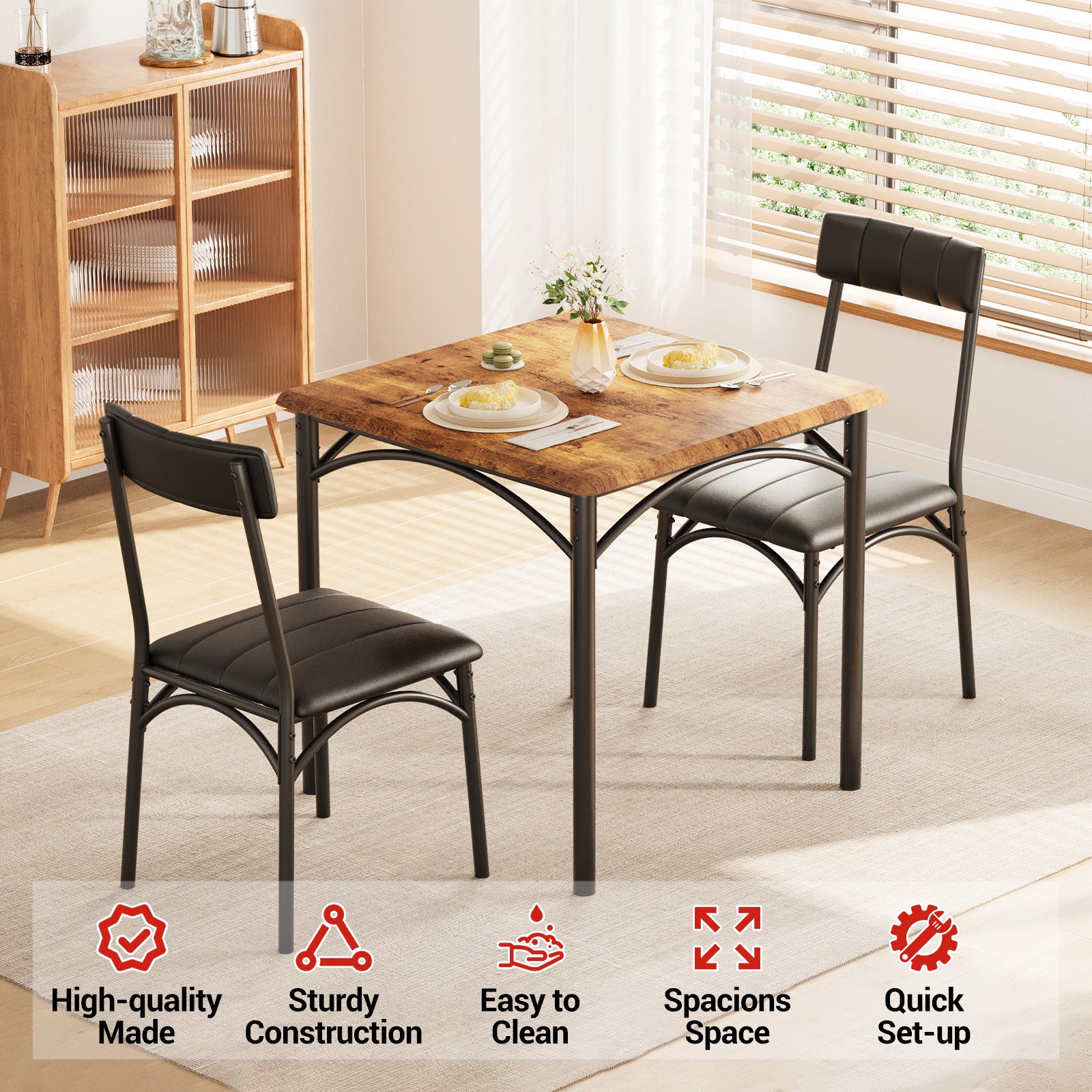 Garvee 3 Piece Dining Table Set for 2, Kitchen Table and Chairs Rectangular, Metal and Wood Dinning Room Table Furniture Set for Kitchen, Apartment, Brown