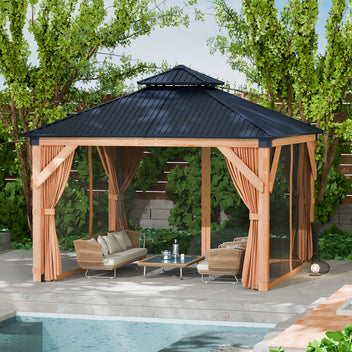 Garvee 10 × 10 ft Hardtop Gazebo, Cedar Wood Outdoor Gazebo with Double Galvanized Steel Roof, Mosquito Net & Curtains for Patio, Backyard and Garden