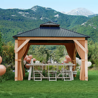Garvee 10 × 10 ft Hardtop Gazebo, Cedar Wood Outdoor Gazebo with Double Galvanized Steel Roof, Mosquito Net & Curtains for Patio, Backyard and Garden