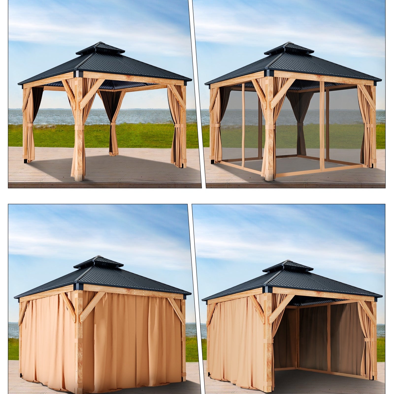 Garvee 10 × 10 ft Hardtop Gazebo, Cedar Wood Outdoor Gazebo with Double Galvanized Steel Roof, Mosquito Net & Curtains for Patio, Backyard and Garden