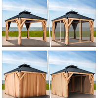 Garvee 10 × 10 ft Hardtop Gazebo, Cedar Wood Outdoor Gazebo with Double Galvanized Steel Roof, Mosquito Net & Curtains for Patio, Backyard and Garden