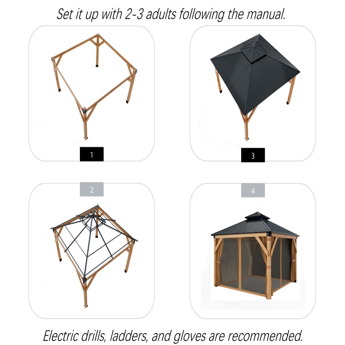 Garvee 10 × 10 ft Hardtop Gazebo, Cedar Wood Outdoor Gazebo with Double Galvanized Steel Roof, Mosquito Net & Curtains for Patio, Backyard and Garden