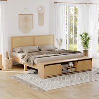 Garvee Natural Rattan Full Size Bed Frame with Sliding Barn Door Storage Cabinets and Led Light Headboard, Boho Farmhouse Wood Platform Bed with Solid Wood Legs Support, No Box Spring Needed