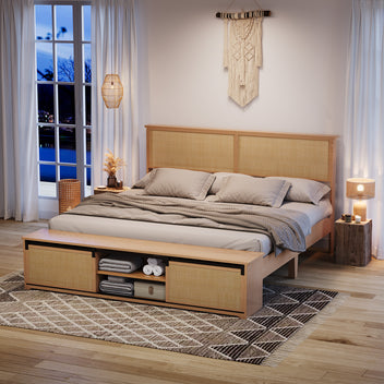 Garvee Natural Rattan Full Size Bed Frame with Sliding Barn Door Storage Cabinets and Led Light Headboard, Boho Farmhouse Wood Platform Bed with Solid Wood Legs Support, No Box Spring Needed