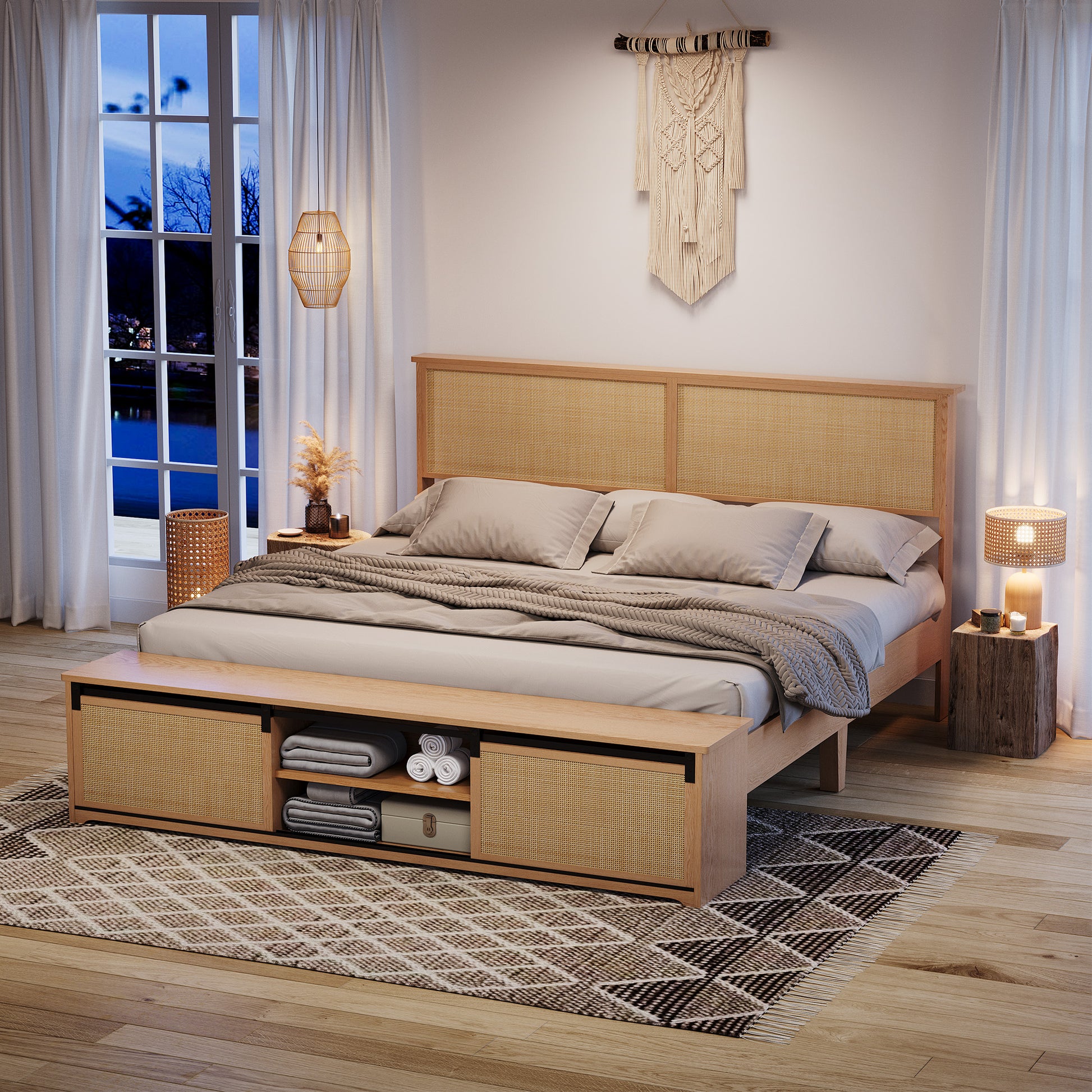 Garvee Natural Rattan Full Size Bed Frame with Sliding Barn Door Storage Cabinets and Led Light Headboard, Boho Farmhouse Wood Platform Bed with Solid Wood Legs Support, No Box Spring Needed