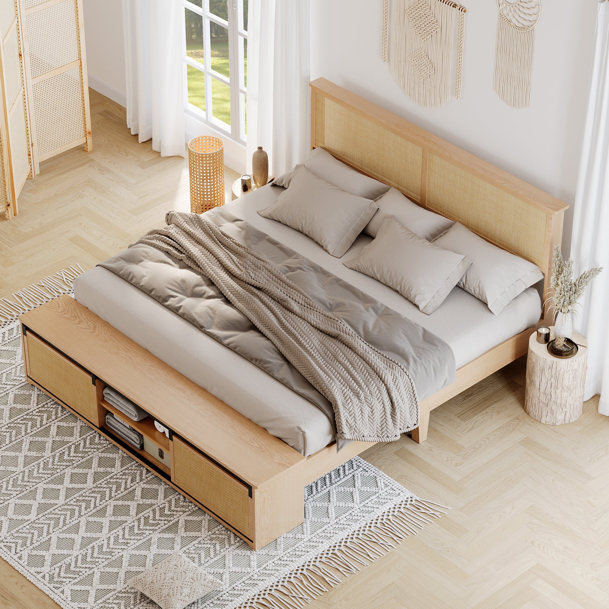 Garvee Natural Rattan Full Size Bed Frame with Sliding Barn Door Storage Cabinets and Led Light Headboard, Boho Farmhouse Wood Platform Bed with Solid Wood Legs Support, No Box Spring Needed