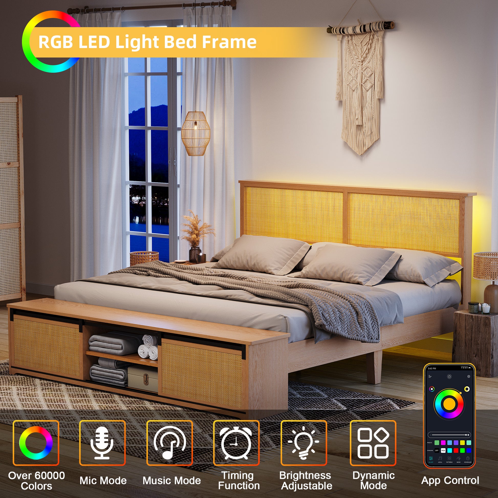 Garvee Natural Rattan Full Size Bed Frame with Sliding Barn Door Storage Cabinets and Led Light Headboard, Boho Farmhouse Wood Platform Bed with Solid Wood Legs Support, No Box Spring Needed