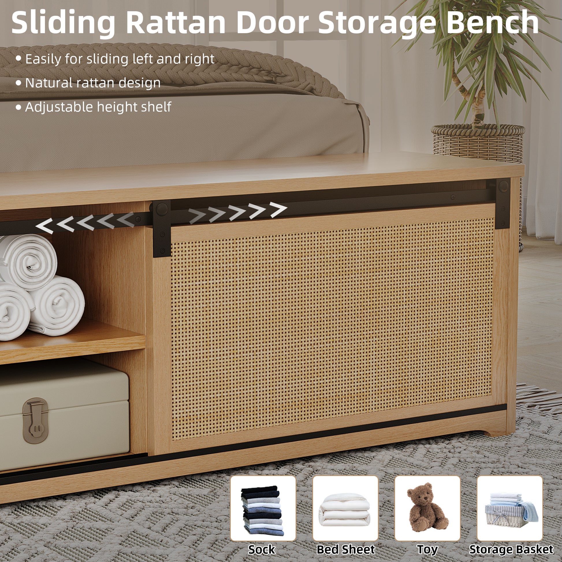 Garvee Natural Rattan Full Size Bed Frame with Sliding Barn Door Storage Cabinets and Led Light Headboard, Boho Farmhouse Wood Platform Bed with Solid Wood Legs Support, No Box Spring Needed