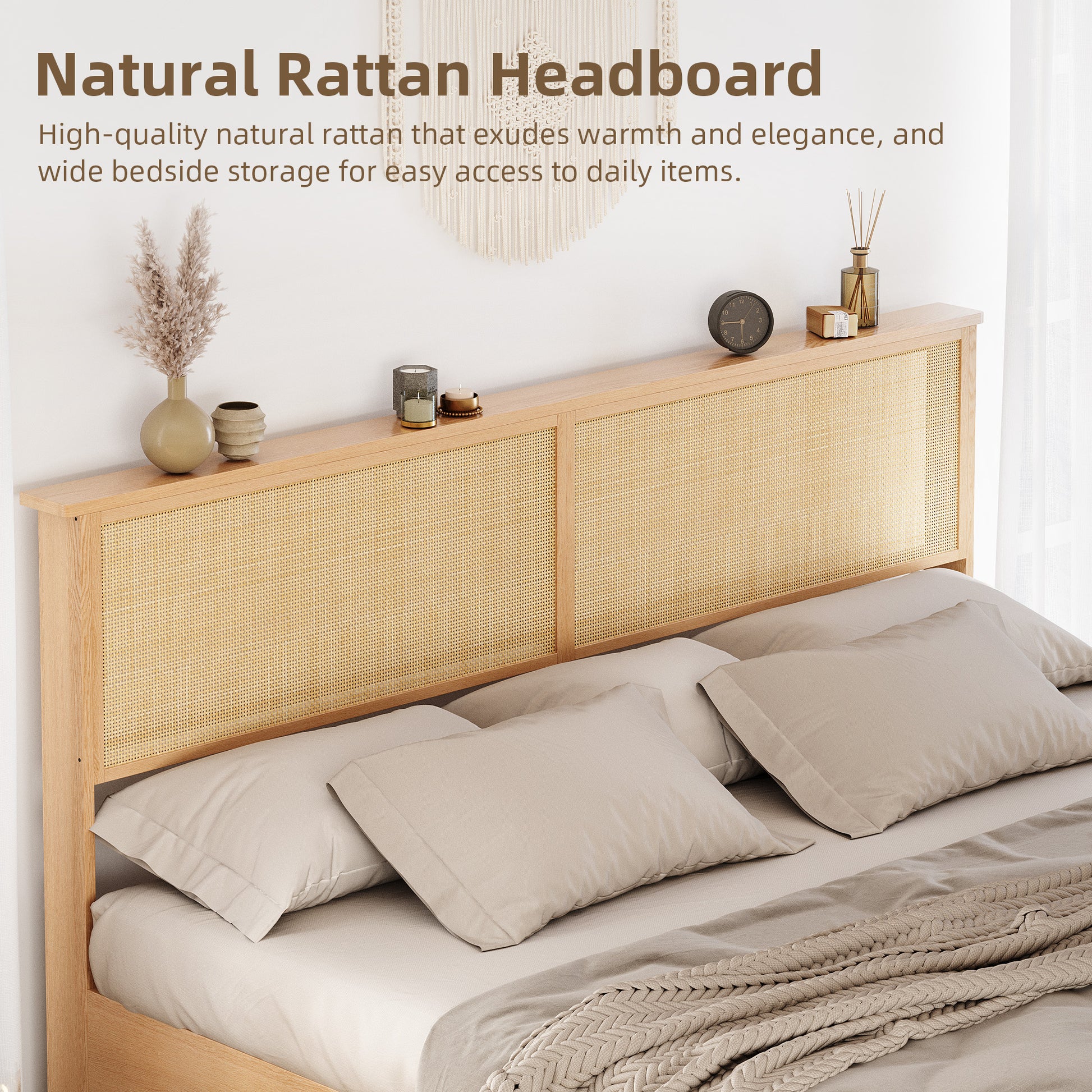 Garvee Natural Rattan Full Size Bed Frame with Sliding Barn Door Storage Cabinets and Led Light Headboard, Boho Farmhouse Wood Platform Bed with Solid Wood Legs Support, No Box Spring Needed