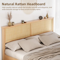 Garvee Natural Rattan Full Size Bed Frame with Sliding Barn Door Storage Cabinets and Led Light Headboard, Boho Farmhouse Wood Platform Bed with Solid Wood Legs Support, No Box Spring Needed