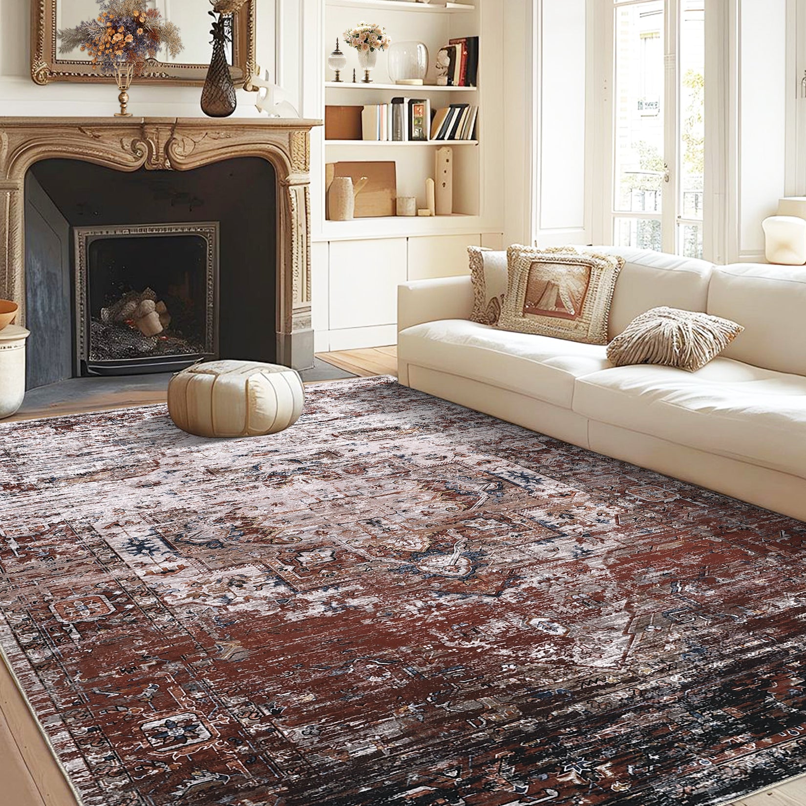 Garvee 8x10 Area Rugs for Living Room, Machine Washable Non-Slip Ombre Vintage Distressed Accent Rug, Ultra-Thin Soft Large Area Rug for Bedroom Dining Room, Rust Multi