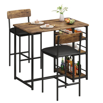 Garvee Dining Table Set for 2, Kitchen Table and Chairs, Bar Dining Room Table Set with 2 Upholstered Bar Chairs, 3 Piece Counter Height Kitchen Table Set for Small Space, Apartment, Retro Brown