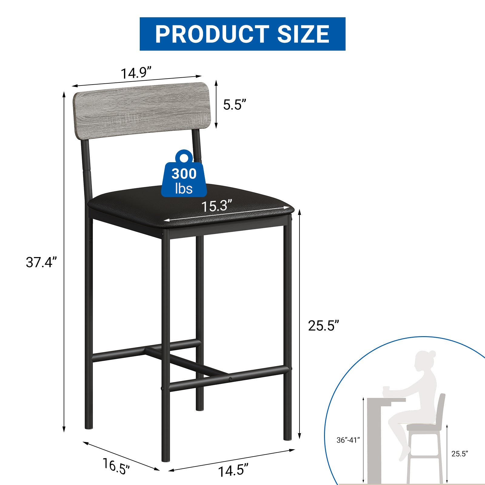 Garvee 25.5 Inches Bar Stools Set of 4 with Footrest, PU Upholstered, Back Support, Easy Assembly, for Kitchen Counter Island, Gray