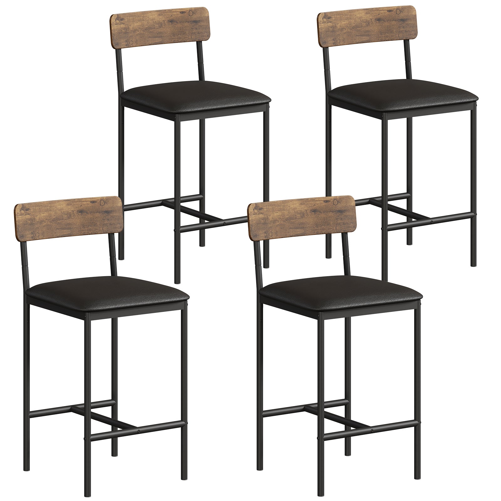 Garvee Bar Stools Set of 4, Kitchen Bar Stools with Footrest, 25.5 Inches Upholstered Bar Chairs with Back, 4 Counter Height Barstools for Counter Bar, Island, Easy Assembly, Rustic Brown