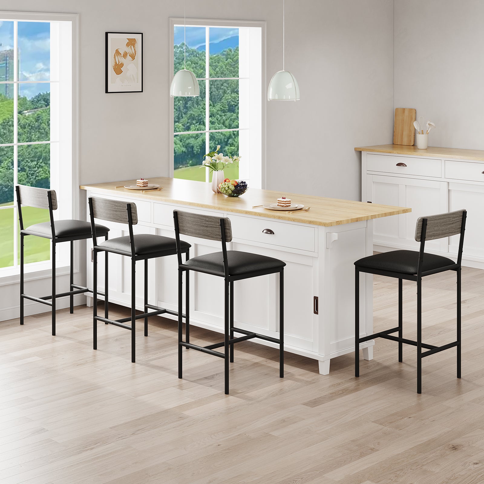 Garvee 25.5 Inches Bar Stools Set of 4 with Footrest, PU Upholstered, Back Support, Easy Assembly, for Kitchen Counter Island, Gray