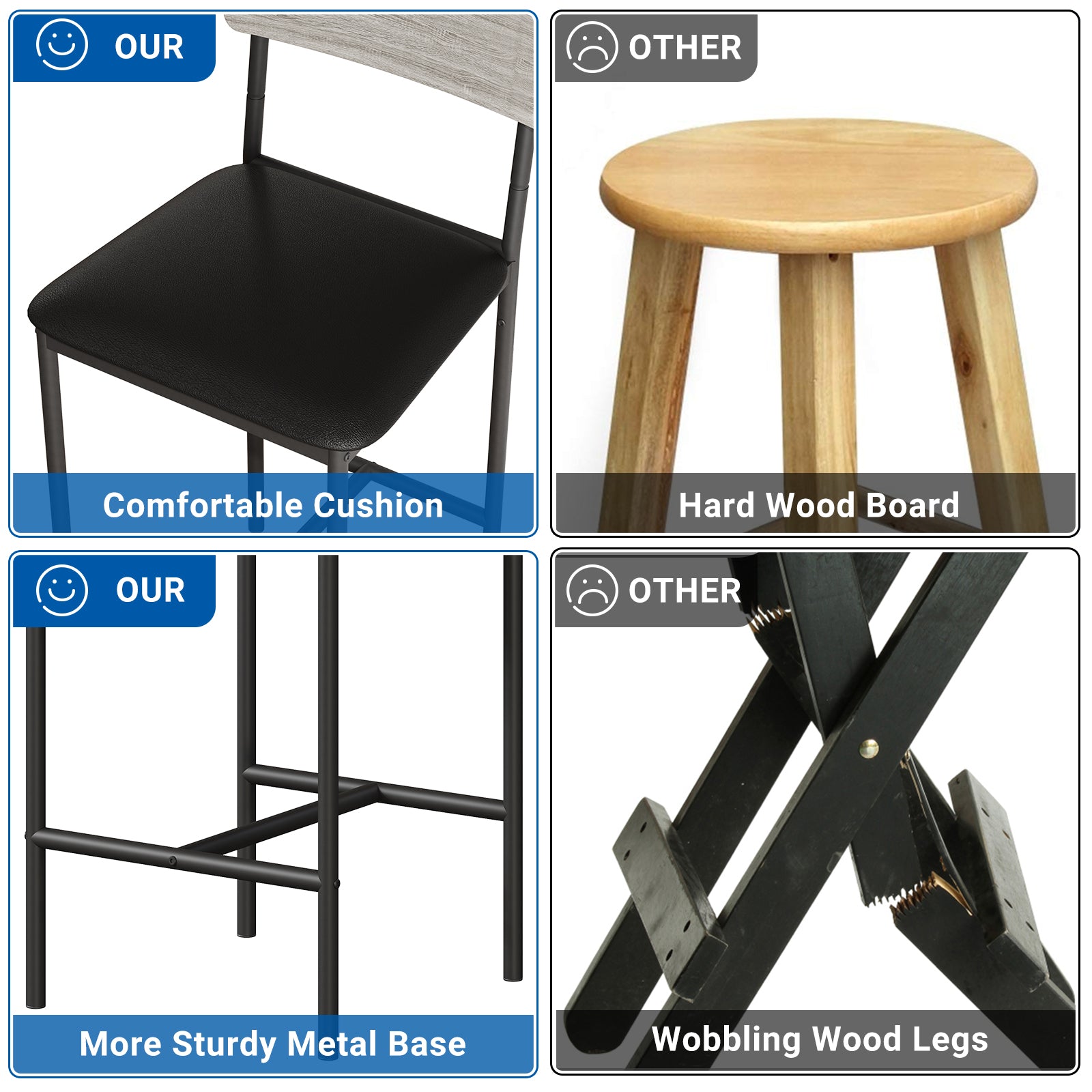 Garvee 25.5 Inches Bar Stools Set of 4 with Footrest, PU Upholstered, Back Support, Easy Assembly, for Kitchen Counter Island, Gray